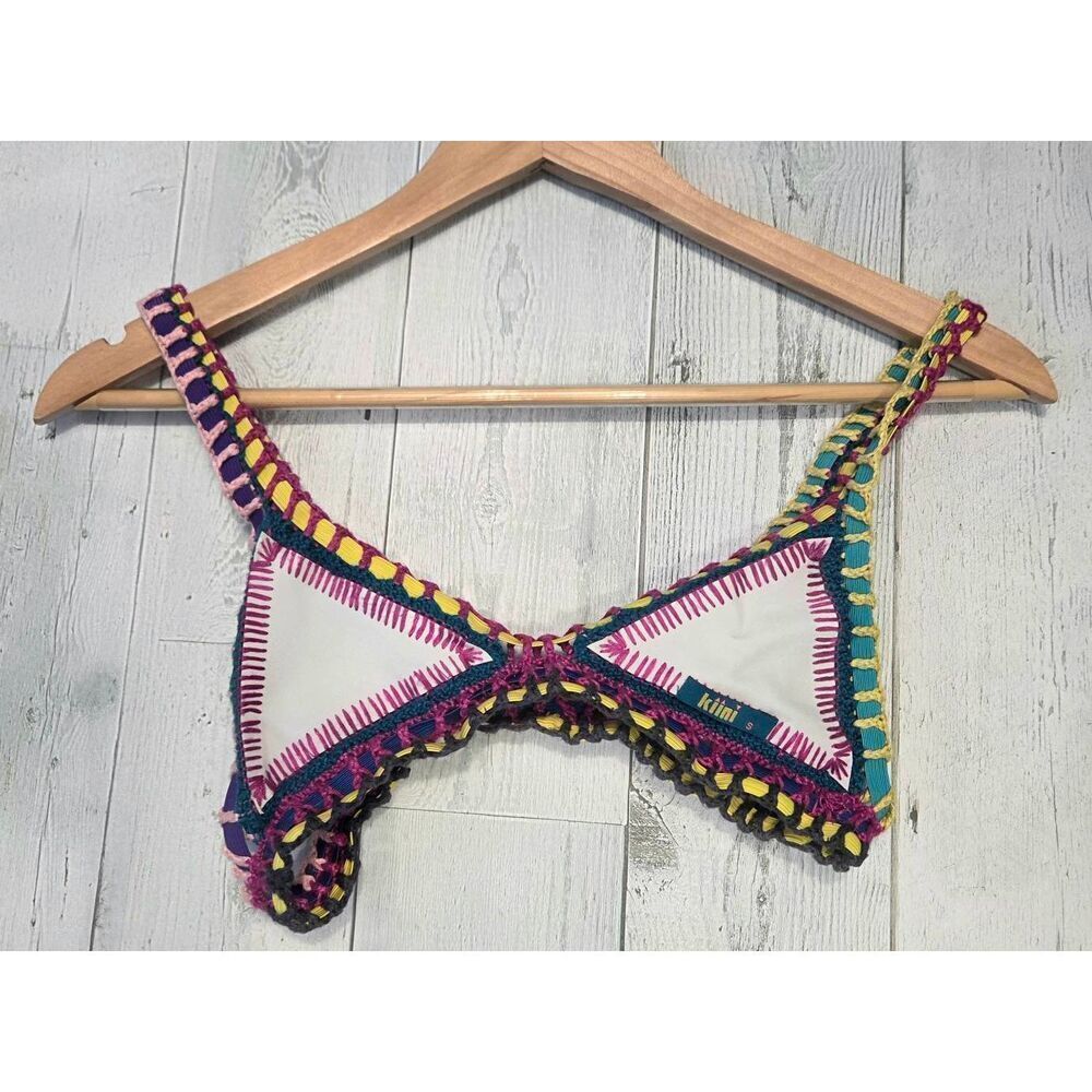Bikini Yaz White Bust Multicolor Crochet Bikini Top Sz. S - Picture 2 of 8